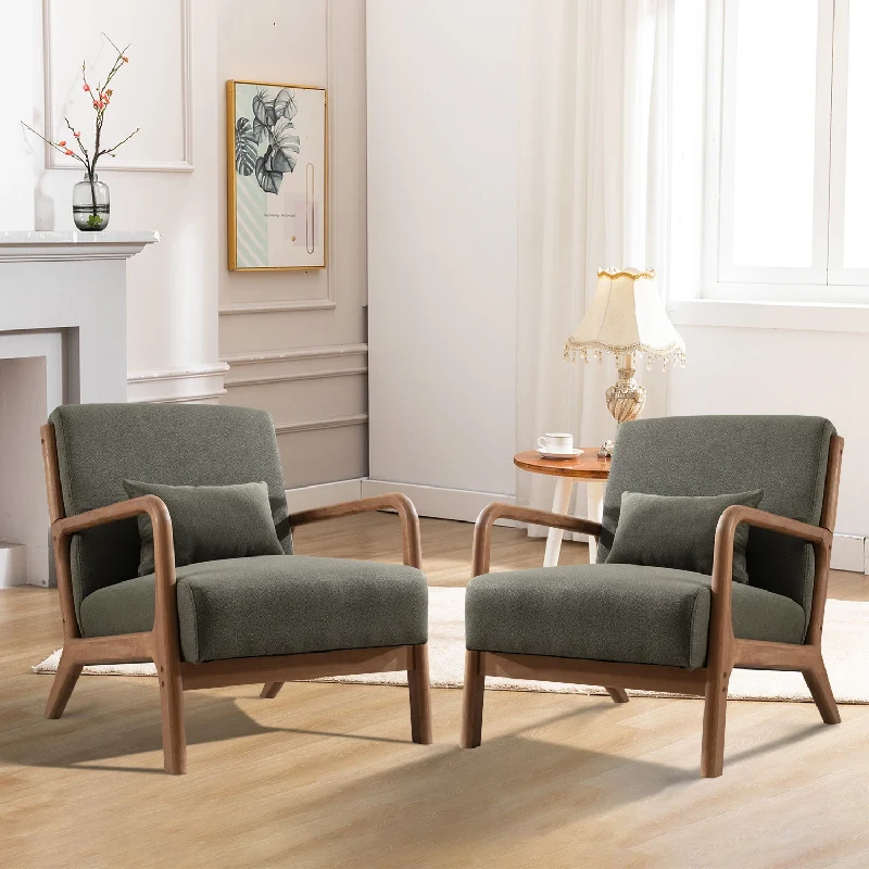 Matching pair of gray upholstered armchairs with wooden frames.
