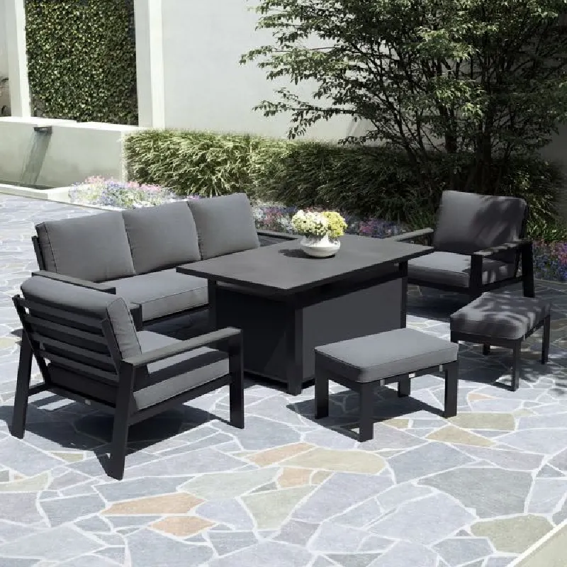 Modern black patio set with gray Sunbrella upholstery.
