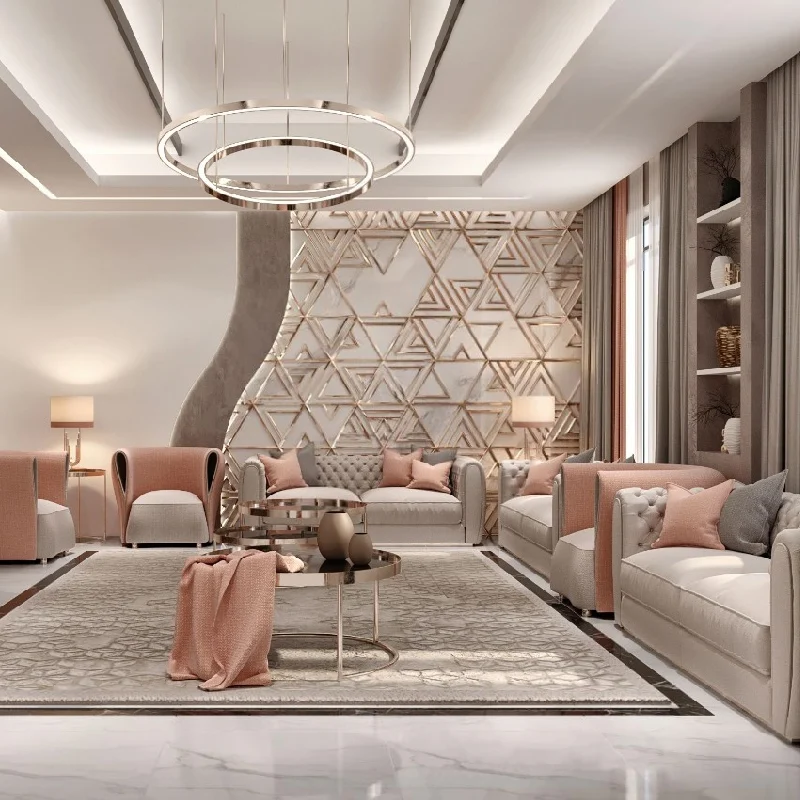 Modern ladies majlis with a light color palette, featuring a plush sofa