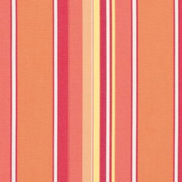 Sunbrella upholstery fabric in a striped pattern of orange, pink, yellow
