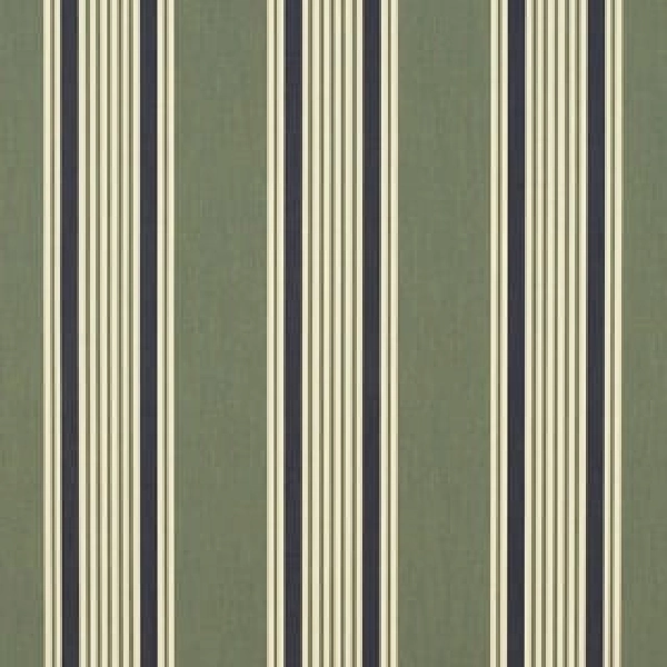 Sunbrella upholstery fabric with green, navy, and cream stripes.
