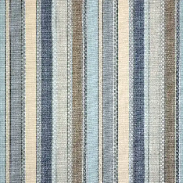 Sunbrella upholstery fabric with multi-colored blue, gray, and tan stripes