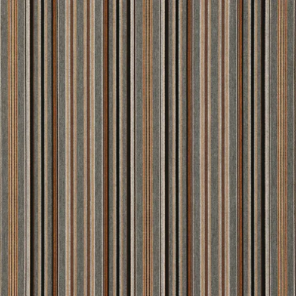 Sunbrella upholstery fabric with multi-colored gray, brown, and black stripes.