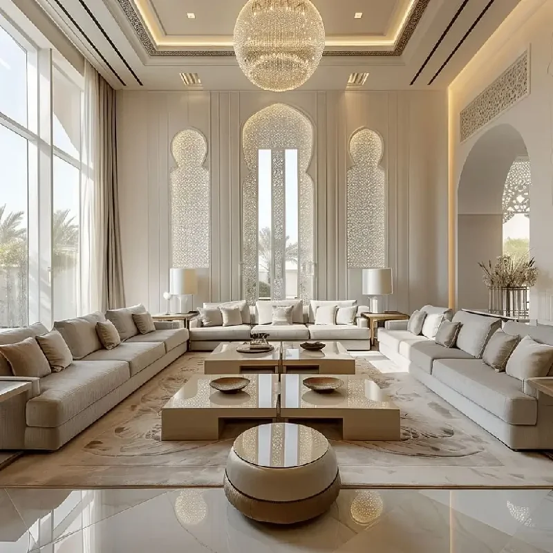 cream-colored Moroccan majlis with low-profile sofas, large coffee tables
