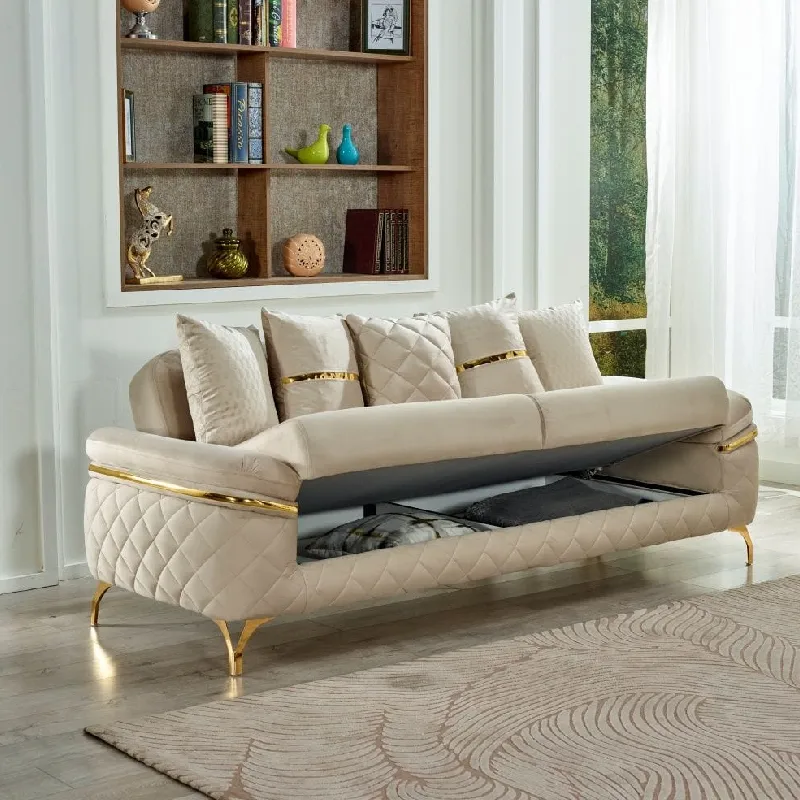 light-colored sofa with a diamond-quilted pattern on the lower front panel