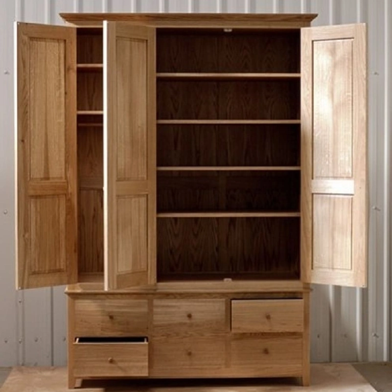 light wooden cabinet with multiple shelves and two drawers