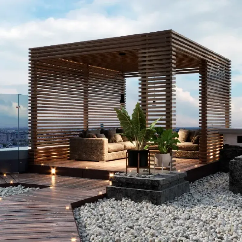 living space featuring a custom-built wooden pergola, comfortable seating
