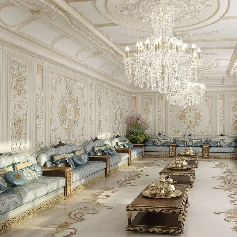luxurious ladies majlis with ornate white and gold decorative walls