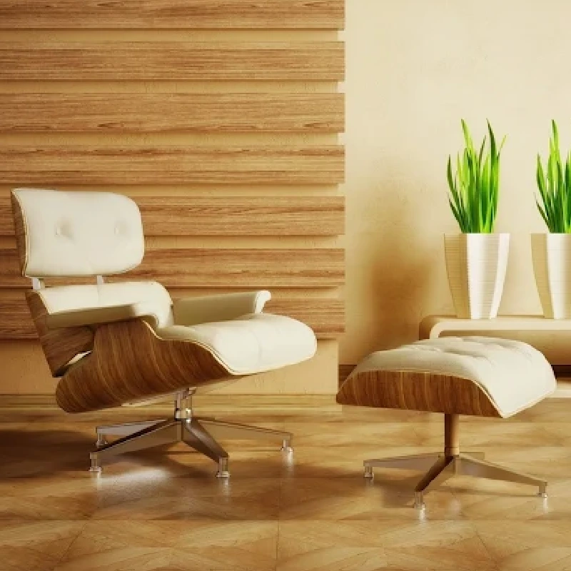 modern Eames-style lounge chair with light-colored, smooth leather upholstery and a wood frame.