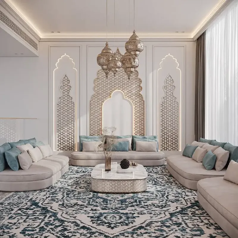ornate hanging lanterns over a contemporary seating arrangement in Moroccan majlis
