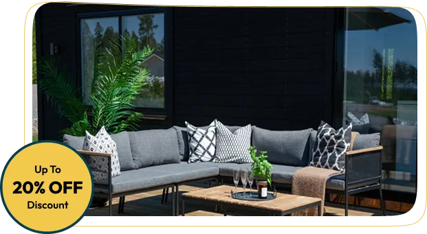 outdoor sofa with gray Sunbrella upholstery