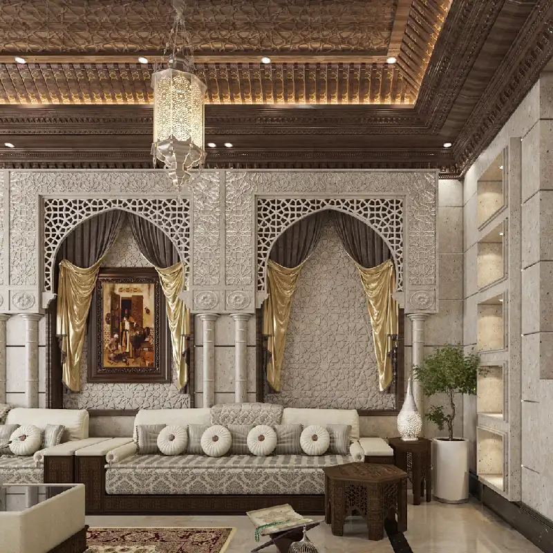 traditional Moroccan majlis with arched doorways, intricate wall carvings