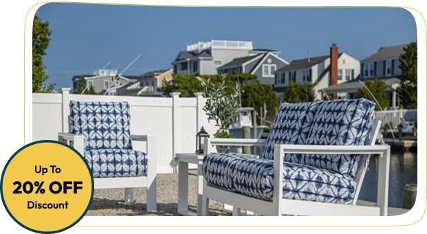 white outdoor upholstery chairs with blue and white patterned