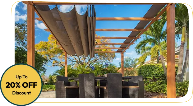 wooden custom pergola featuring a retractable canvas canopy, shading a dining table