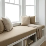 Beige upholstered window seat cushion with throw pillows