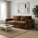Brown crushed velvet sofa in a modern bright living room