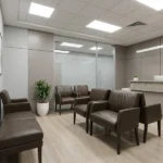 Brown leather seating in modern office waiting room area