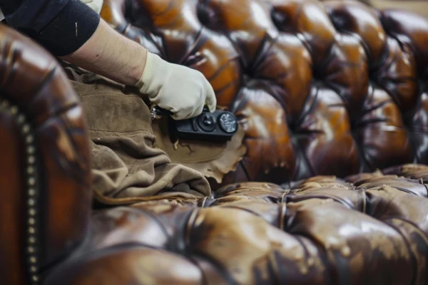 Craftsman restoring tufted brown leather chesterfield