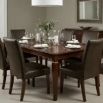 Dark brown leather upholstered dining chairs at table