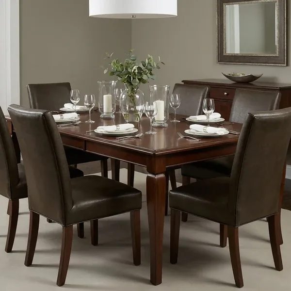 Dark brown leather upholstered dining chairs at table