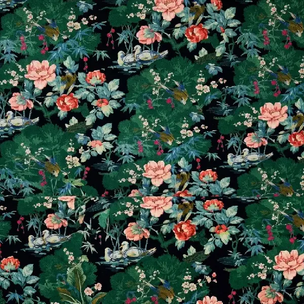 Dark floral sofa upholstery fabric with birds and flowers