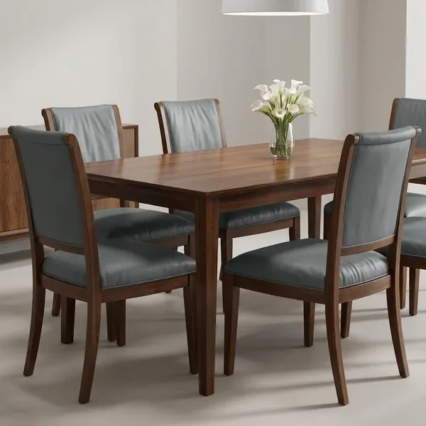 Dark grey faux leather dining chairs around wooden table