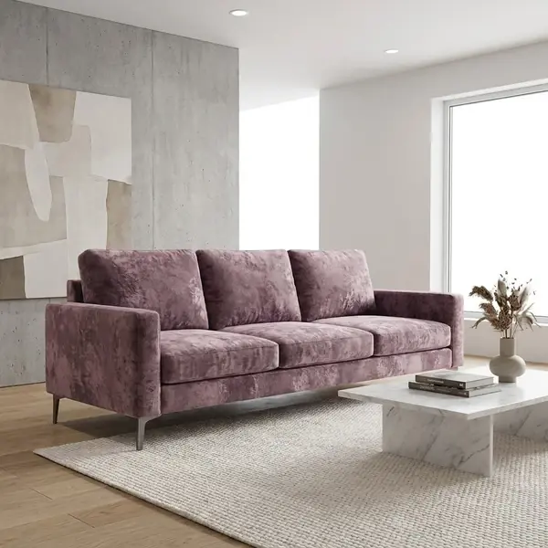 Dusty rose crushed velvet sofa in modern living room