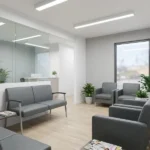 Grey vinyl reception seating in modern office waiting area