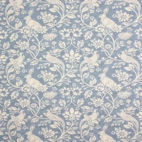 Blue woodland hare and bird floral fabric swatch