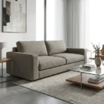 Modern grey fabric upholstered sofa in minimal living room