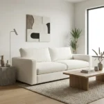 Modern white fabric upholstered sofa in minimal living room