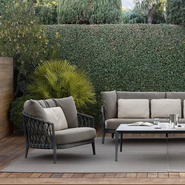 Grey woven rope outdoor lounge chairs and sofa set