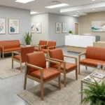 Orange faux leather armchairs in office waiting room area