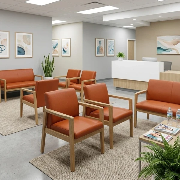 Orange faux leather armchairs in office waiting room area
