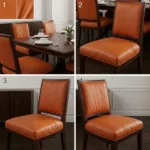 Orange leather dining chairs around dark wooden dining table