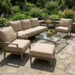 Outdoor patio furniture set with beige cushion upholstery