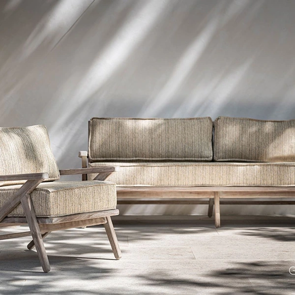Neutral teak wood outdoor sofa and armchair set