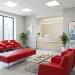 Red vinyl bench and armchairs in office waiting lounge