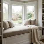 Taupe upholstered window seat cushion with accent pillows