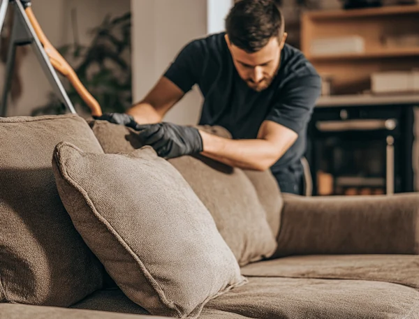 Technician cleaning grey fabric sofa cushions at home