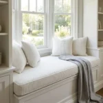 White textured upholstered window seat cushion with pillows
