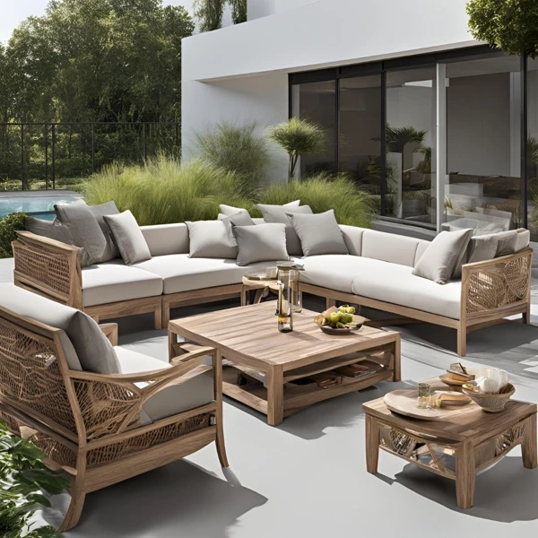 Modular teak sectional sofa set with coffee tables (54 chars