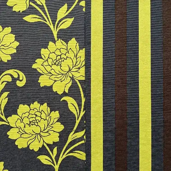 Yellow floral and striped sofa upholstery fabric pattern